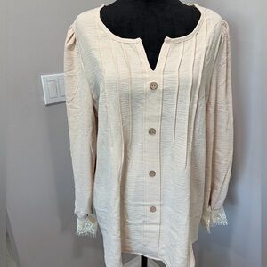 Cream Button-Up Blouse with Lace Cuffs